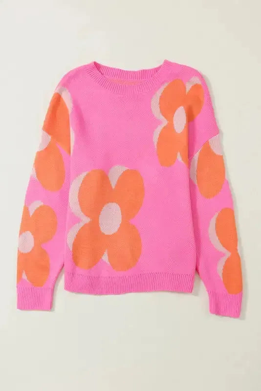 Khaki Big Flower Pattern Drop Shoulder Sweater - Fashionfitz