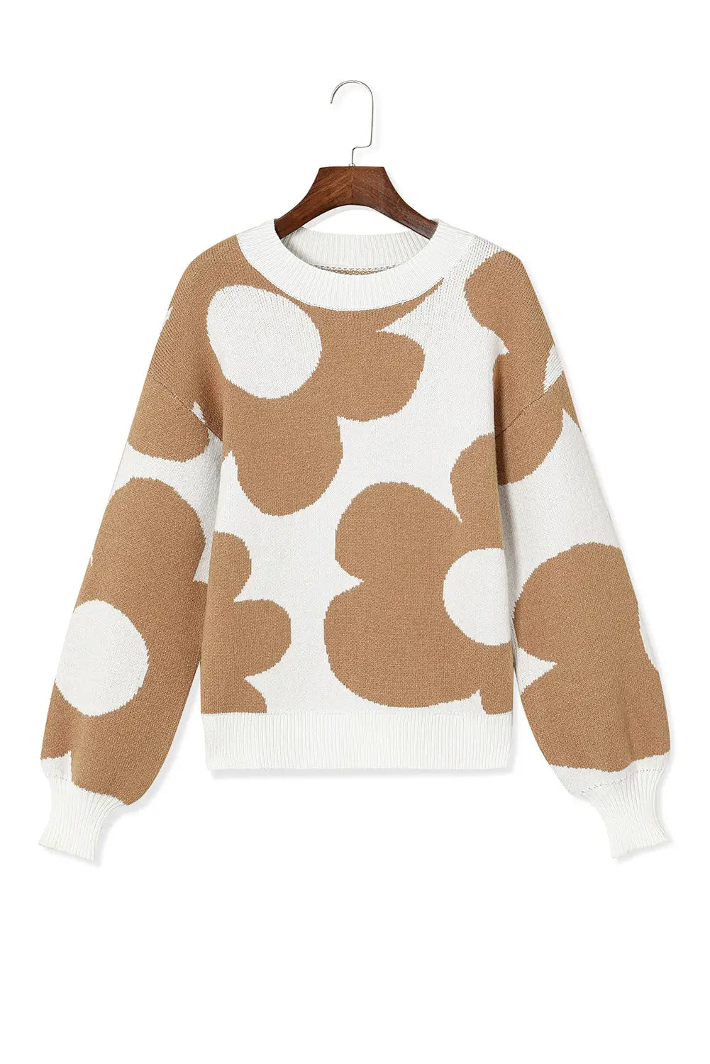 Khaki big flower pattern drop shoulder sweater - sweaters & cardigans