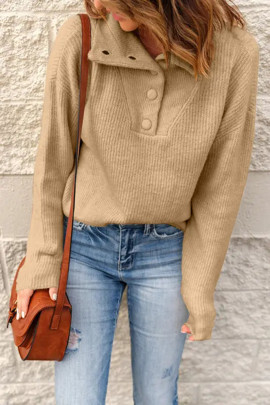 Khaki buttoned turn down collar comfy ribbed sweater - sweaters & cardigans