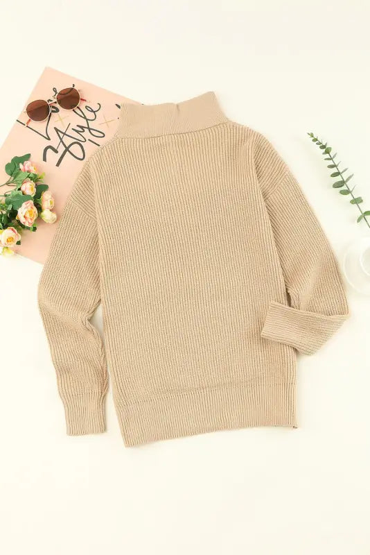 Khaki buttoned turn down collar comfy ribbed sweater - sweaters & cardigans