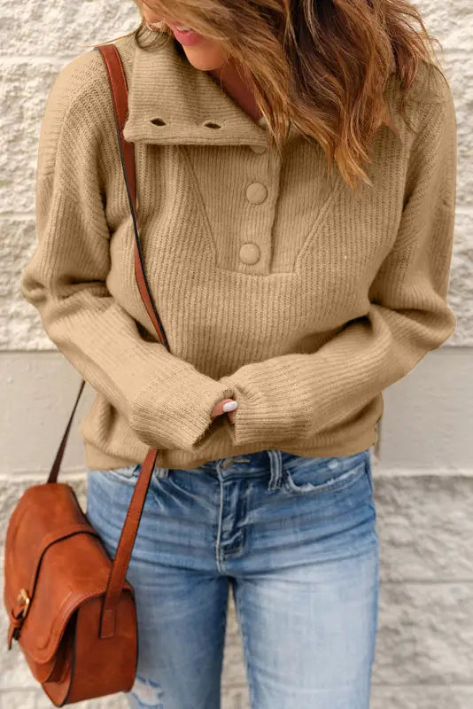 Khaki buttoned turn down collar comfy ribbed sweater - sweaters & cardigans