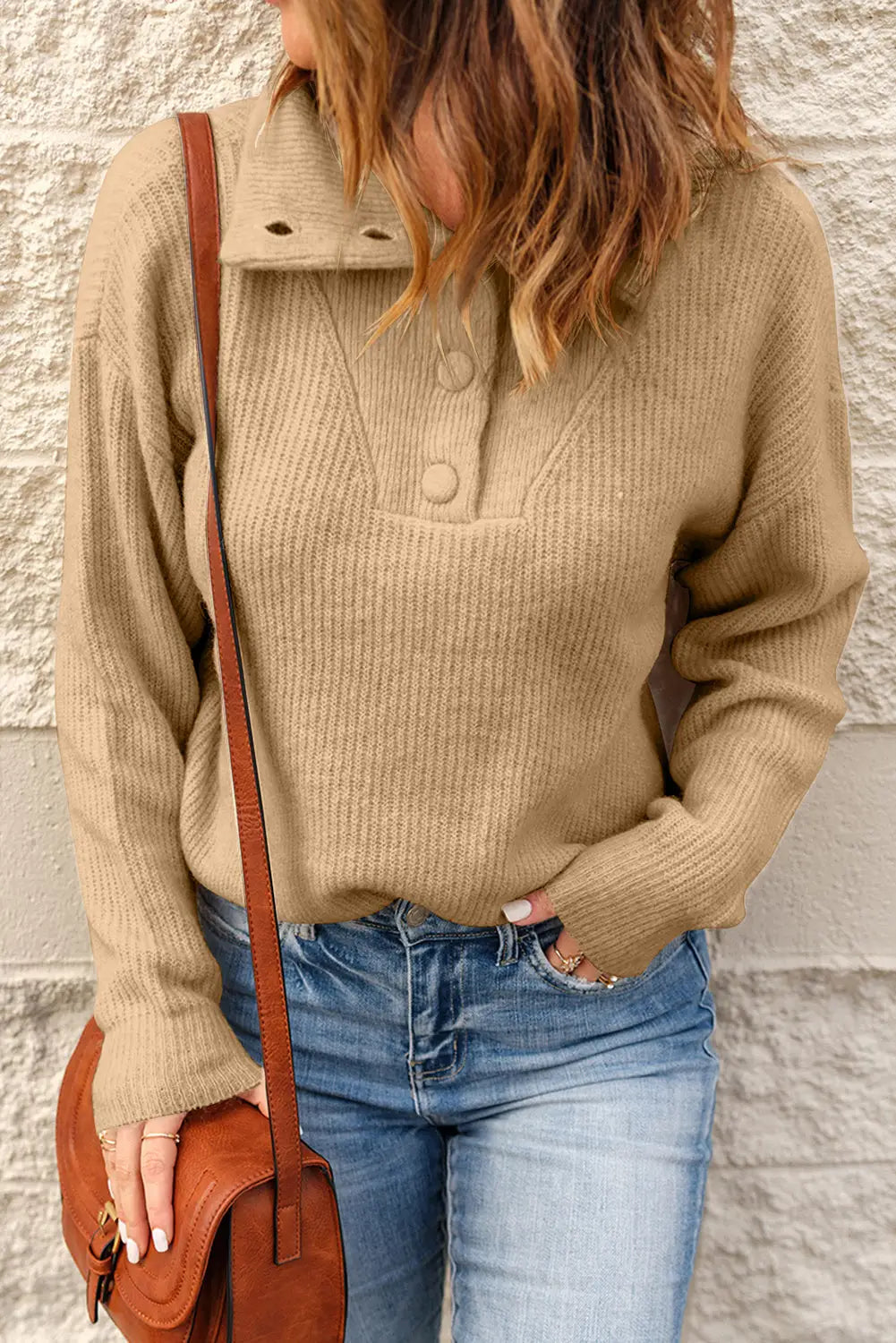 Khaki buttoned turn down collar comfy ribbed sweater - l / 79% polyester + 18% acrylic + 3% elastane - sweaters &