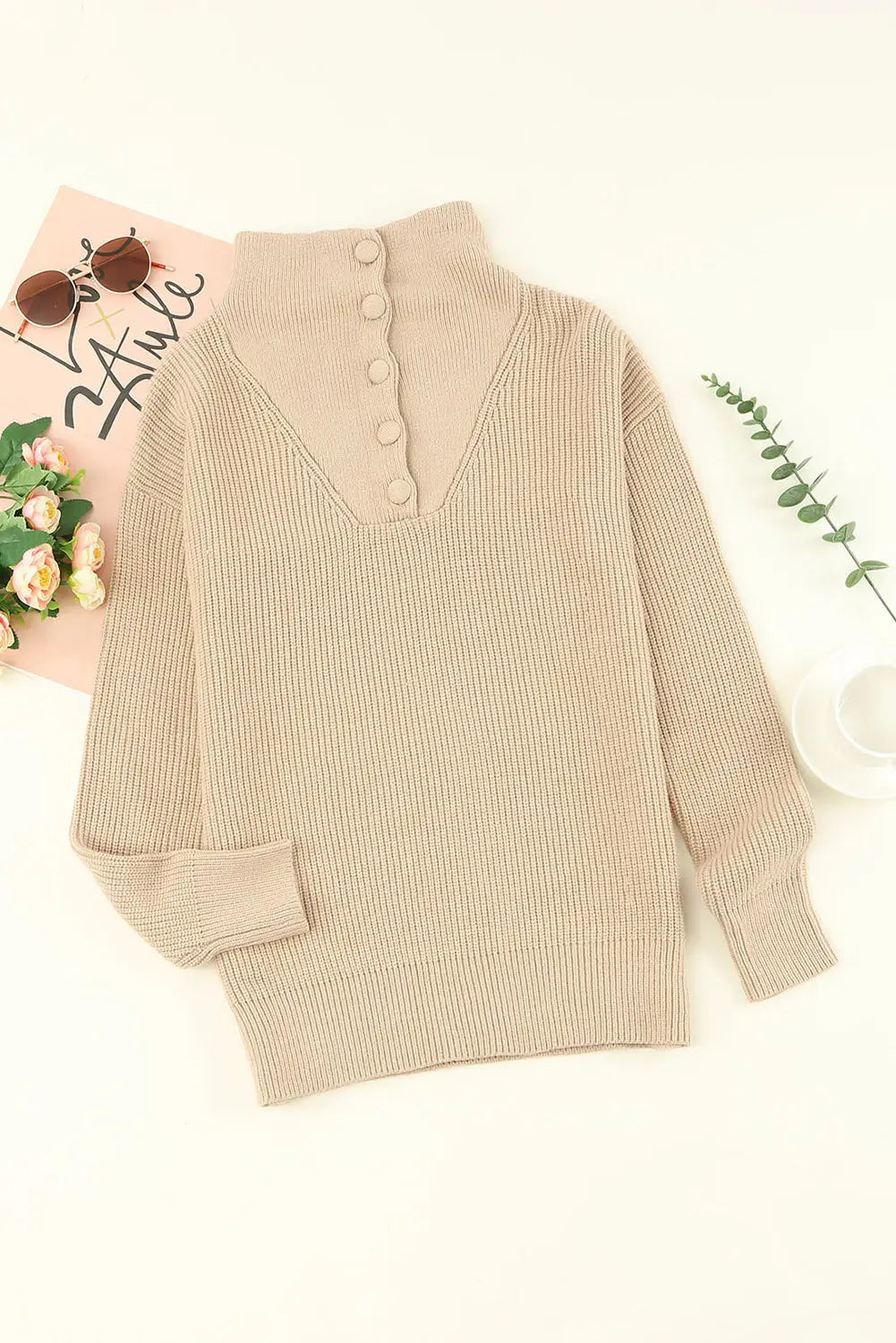 Khaki buttoned turn down collar comfy ribbed sweater - sweaters & cardigans