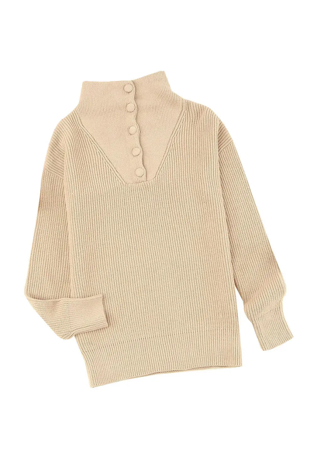 Khaki buttoned turn down collar comfy ribbed sweater - sweaters & cardigans