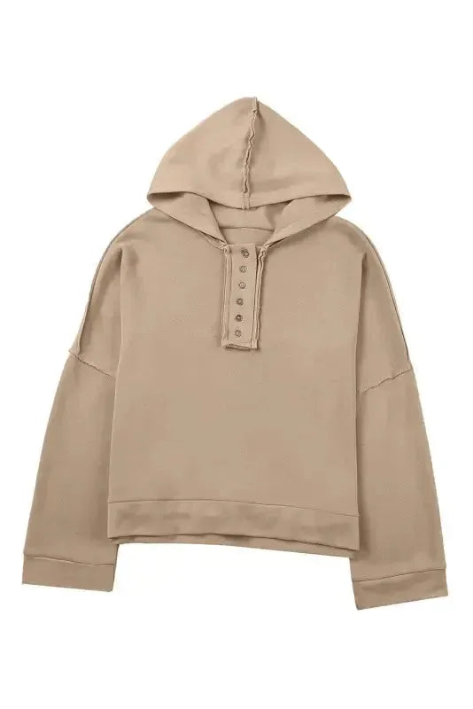Khaki Casual Button Solid Patchwork Trim Hoodie - Fashionfitz