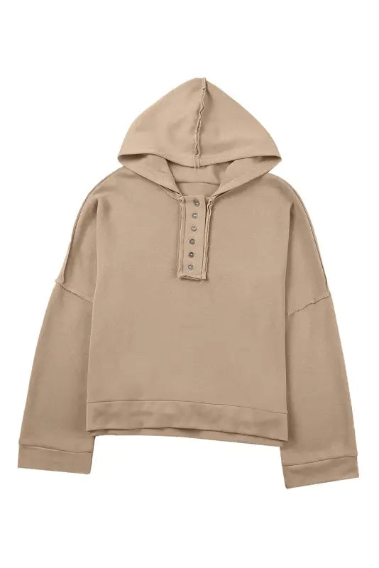 Khaki casual button solid patchwork trim hoodie - tops