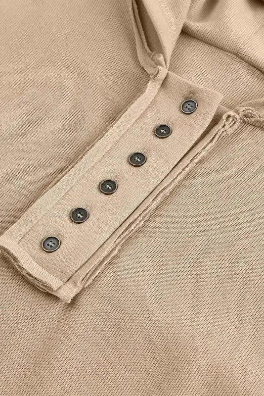 Khaki Casual Button Solid Patchwork Trim Hoodie - Fashionfitz