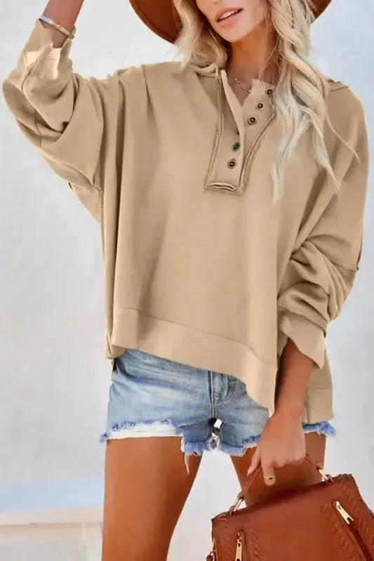 Khaki Casual Button Solid Patchwork Trim Hoodie - Fashionfitz