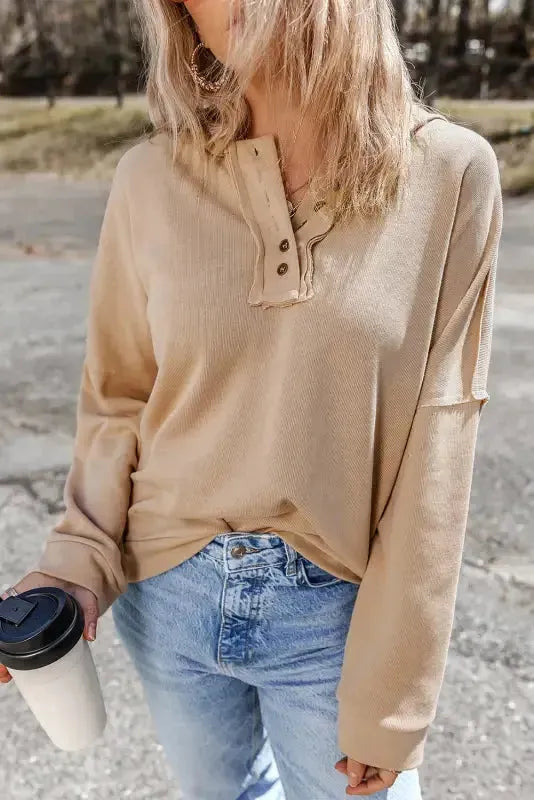 Khaki Casual Button Solid Patchwork Trim Hoodie - Fashionfitz