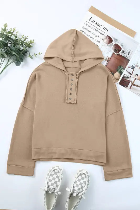 Khaki casual button solid patchwork trim hoodie - tops