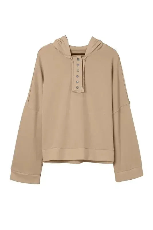 Khaki Casual Button Solid Patchwork Trim Hoodie - Fashionfitz