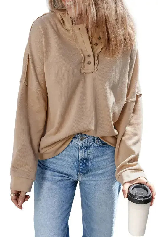 Khaki Casual Button Solid Patchwork Trim Hoodie - Fashionfitz