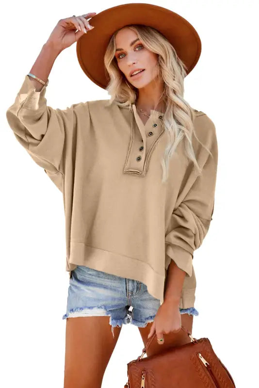 Khaki casual button solid patchwork trim hoodie - tops