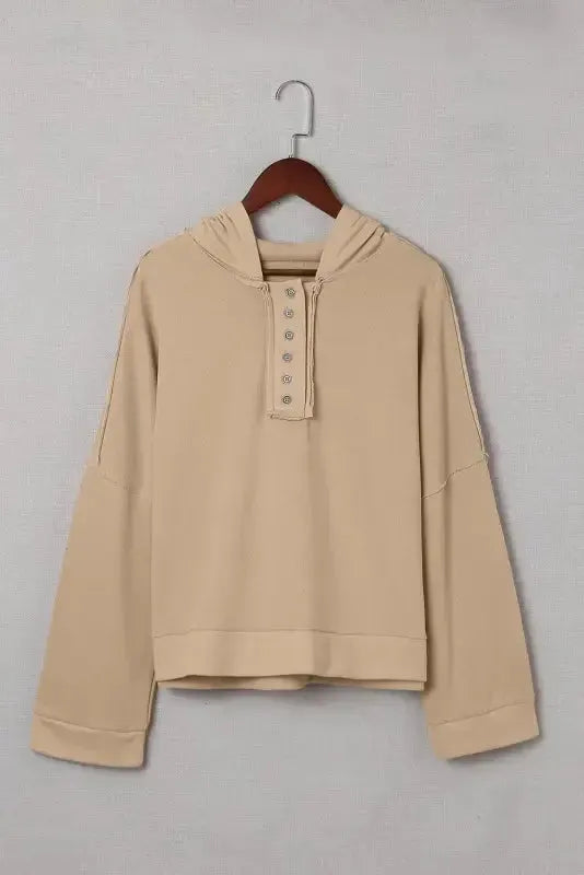 Khaki Casual Button Solid Patchwork Trim Hoodie - Fashionfitz