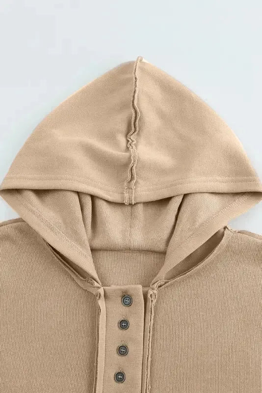 Khaki Casual Button Solid Patchwork Trim Hoodie - Fashionfitz