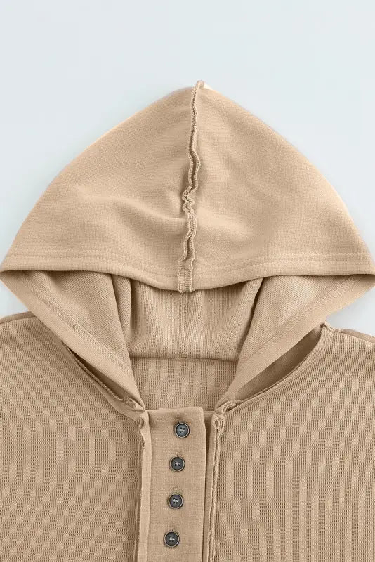 Khaki casual button solid patchwork trim hoodie - tops