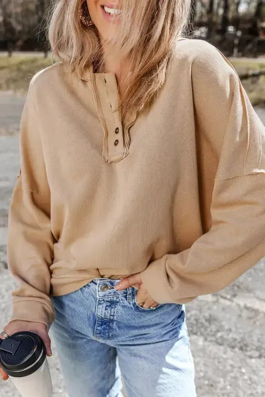 Khaki Casual Button Solid Patchwork Trim Hoodie - Fashionfitz