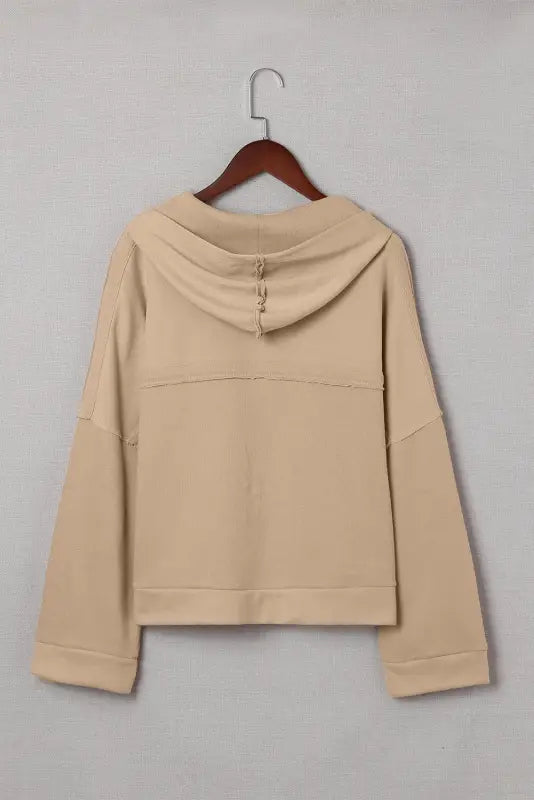 Khaki casual button solid patchwork trim hoodie - tops