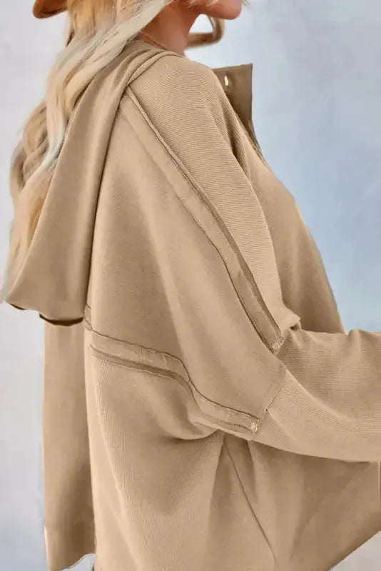 Khaki Casual Button Solid Patchwork Trim Hoodie - Fashionfitz