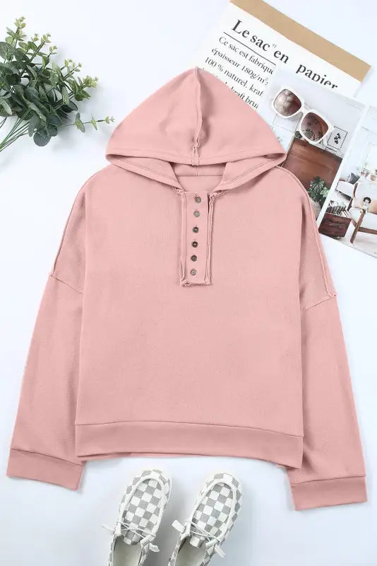 Khaki casual button solid patchwork trim hoodie - tops