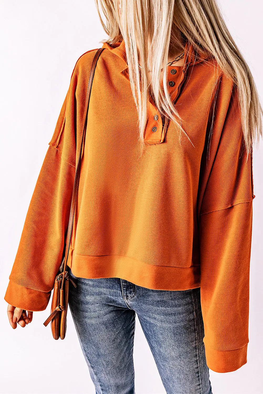 Khaki casual button solid patchwork trim hoodie - orange / s / 56% cotton + 44% polyester - tops