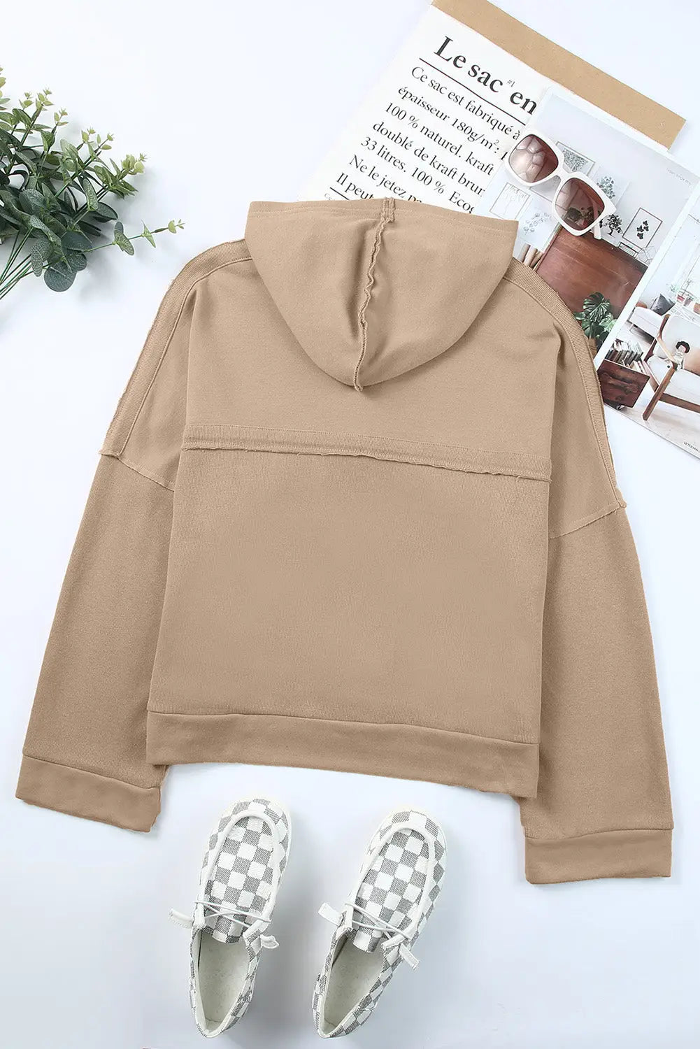 Khaki casual button solid patchwork trim hoodie - tops