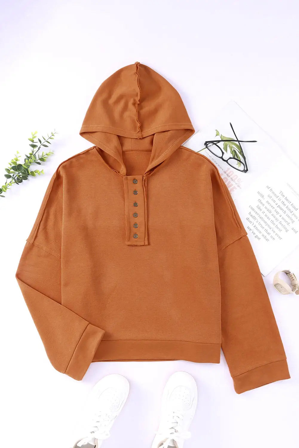 Khaki casual button solid patchwork trim hoodie - tops