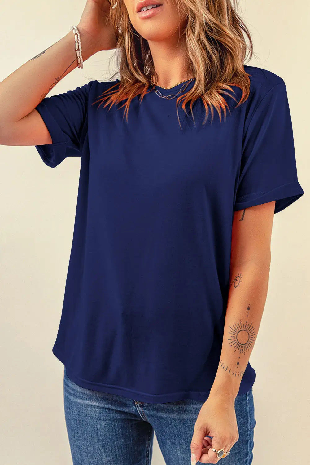 Khaki casual plain crew neck tee - blue / s / 62% polyester + 32% cotton + 6% elastane - t-shirts