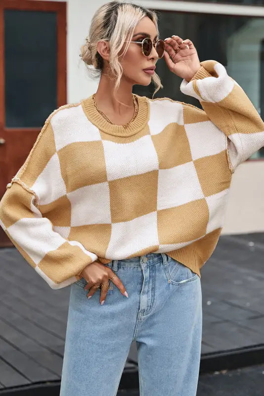 Khaki checkered bishop sleeve sweater | fashionfitz