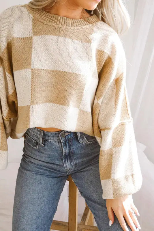 Khaki checkered bishop sleeve sweater | fashionfitz