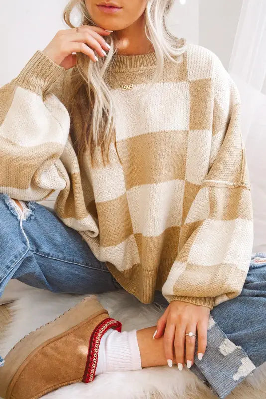 Khaki checkered bishop sleeve sweater | fashionfitz