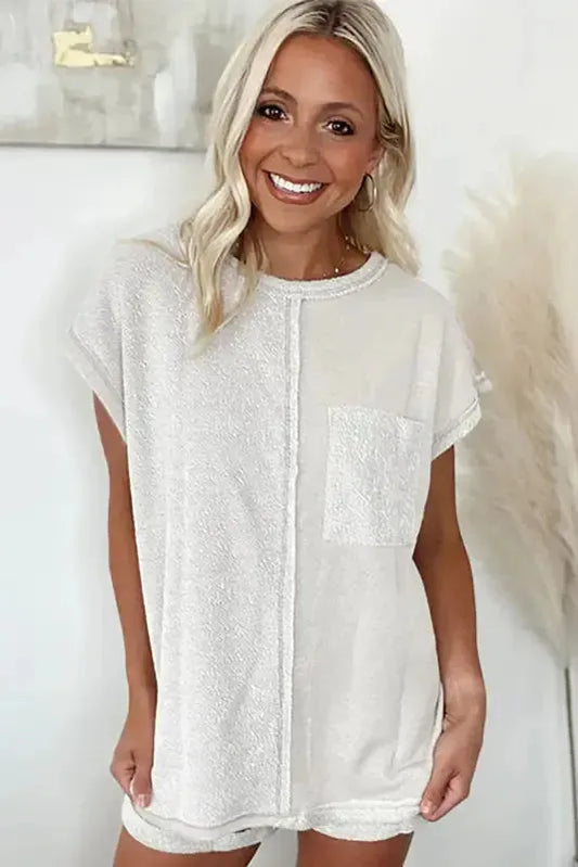 Khaki Chest Pocket Exposed Seam Tee and Shorts Set - Fashionfitz