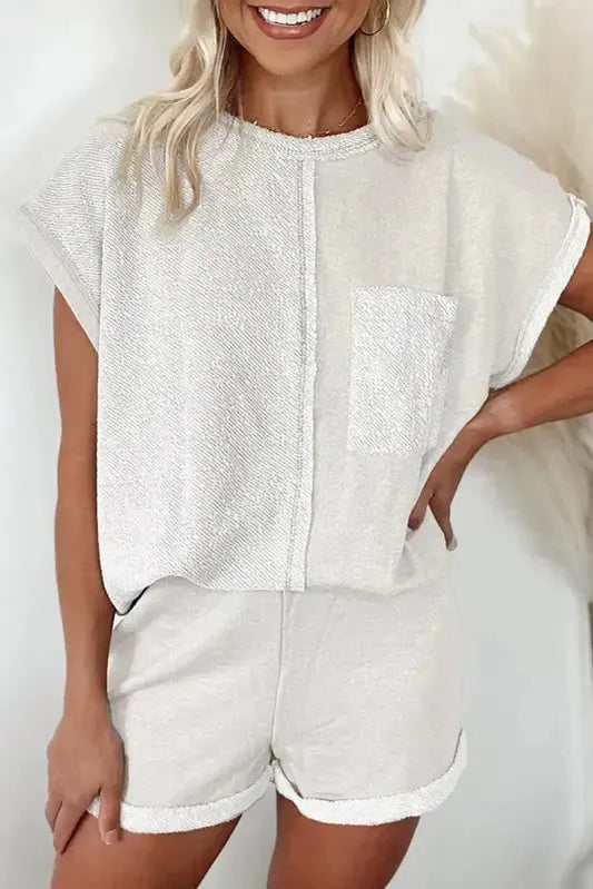 Khaki Chest Pocket Exposed Seam Tee and Shorts Set - Fashionfitz