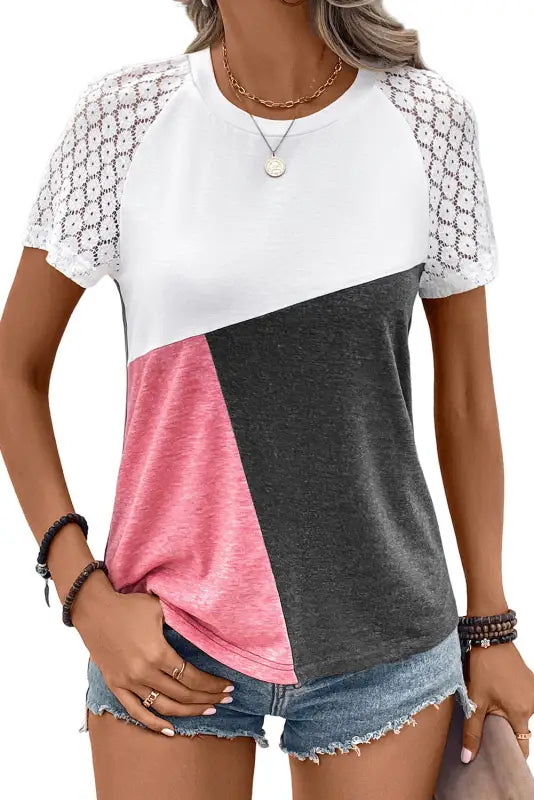 Khaki color block lace patchwork short sleeve t shirt - t-shirts