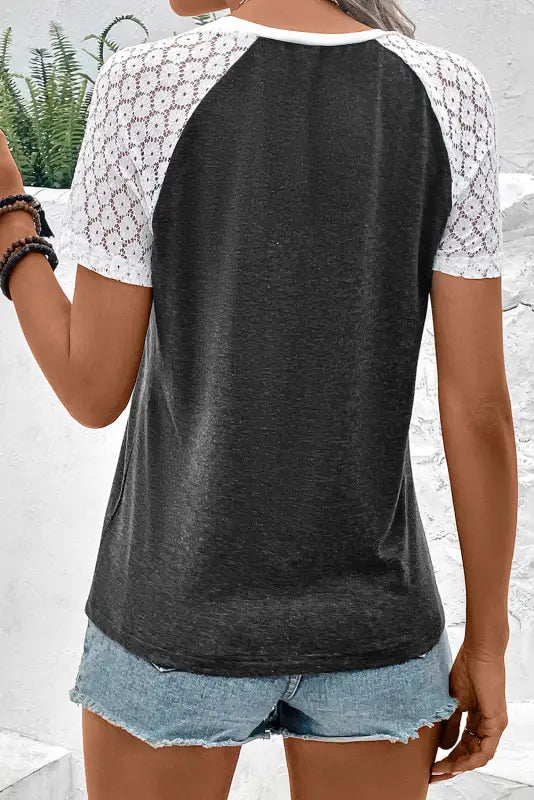 Khaki color block lace patchwork short sleeve t shirt - t-shirts