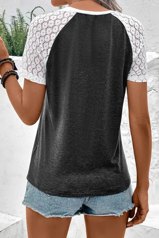 Khaki color block lace patchwork short sleeve t shirt - t-shirts