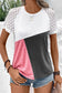 Khaki color block lace patchwork short sleeve t shirt - multicolor / s / 30% cotton + 70% polyester - t-shirts