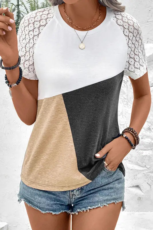 Khaki color block lace patchwork short sleeve t shirt - t-shirts