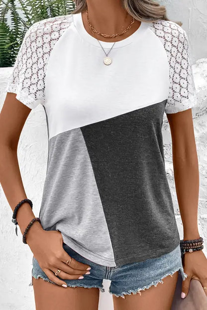 Khaki color block lace patchwork short sleeve t shirt - gray / s / 30% cotton + 70% polyester - t-shirts