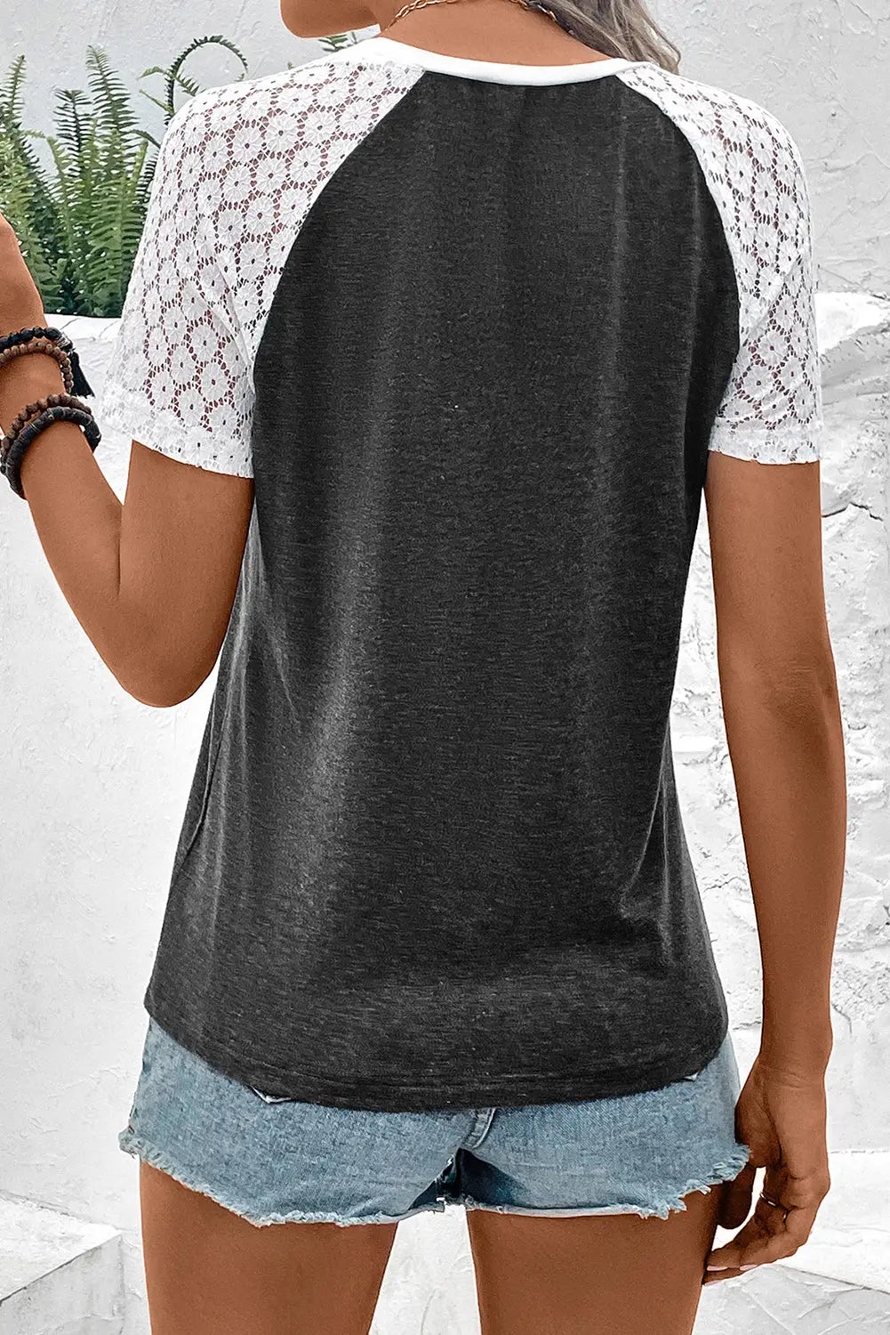 Khaki color block lace patchwork short sleeve t shirt - tops