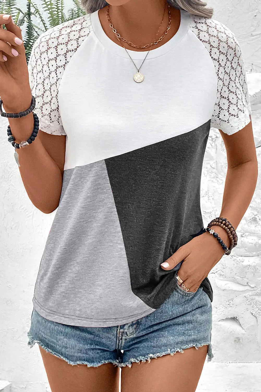 Khaki color block lace patchwork short sleeve t shirt - t-shirts
