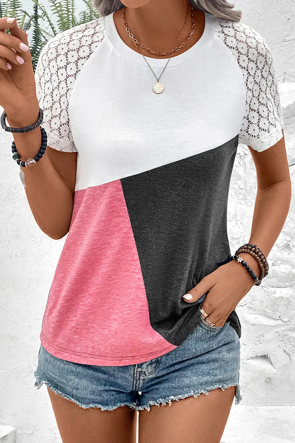 Khaki color block lace patchwork short sleeve t shirt - t-shirts