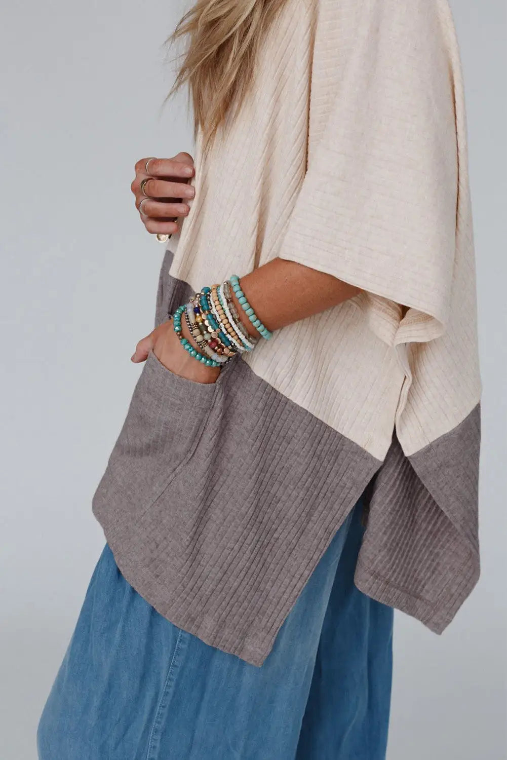 Khaki color block ribbed knit split side poncho - tops/blouses & shirts