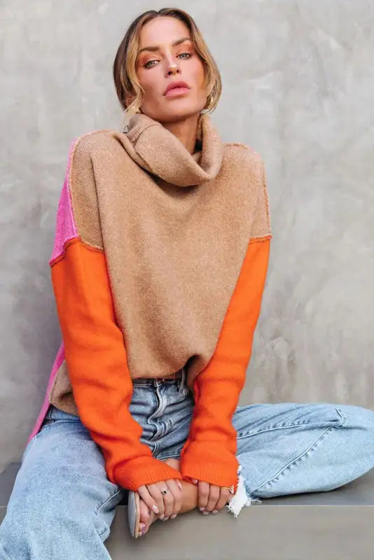 Khaki color block turtle neck drop shoulder knit sweater - sweaters & cardigans