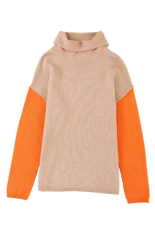 Khaki color block turtle neck drop shoulder knit sweater - sweaters & cardigans