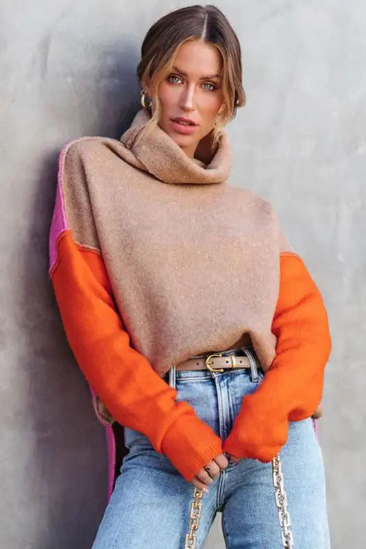 Sweaters & cardigans khaki color block turtle neck drop