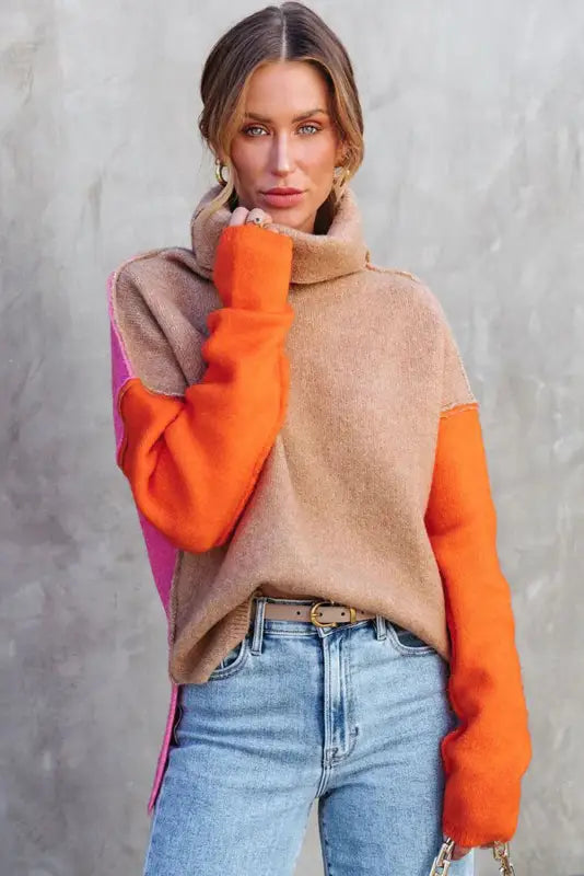 Khaki color block turtle neck drop shoulder knit sweater - sweaters & cardigans