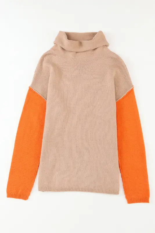 Khaki color block turtle neck drop shoulder knit sweater - sweaters & cardigans