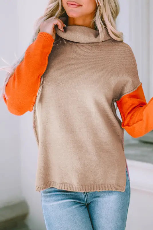 Sweaters & cardigans khaki color block turtle neck drop