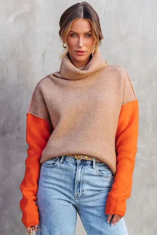 Sweaters & cardigans khaki color block turtle neck drop